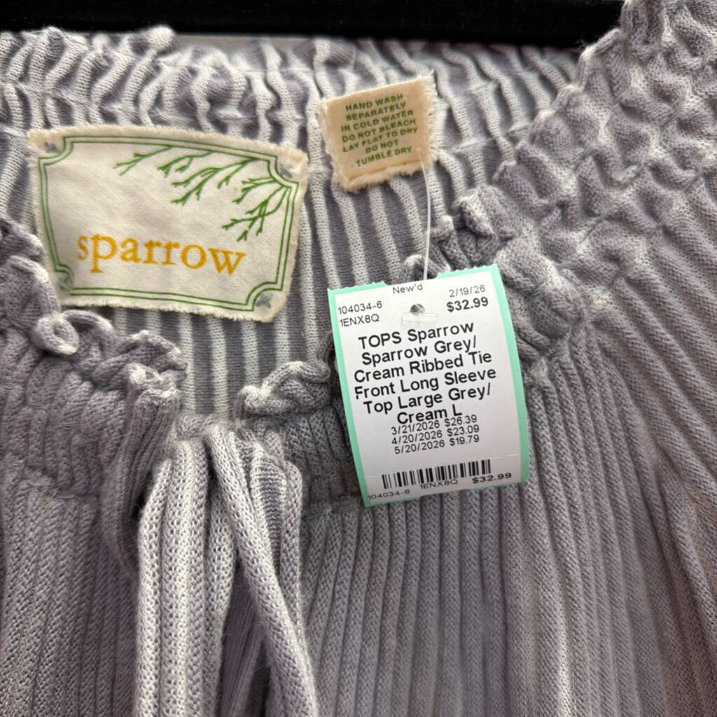 Sparrow Grey/ Cream Ribbed Tie Front Long Sleeve Top Large