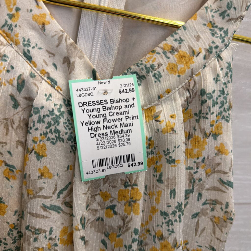 Bishop and Young Cream/ Yellow Flower Print High Neck Maxi Dress Medium Anthropologie