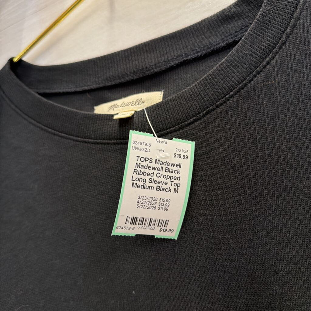 Madewell Black Ribbed Cropped Long Sleeve Top Medium