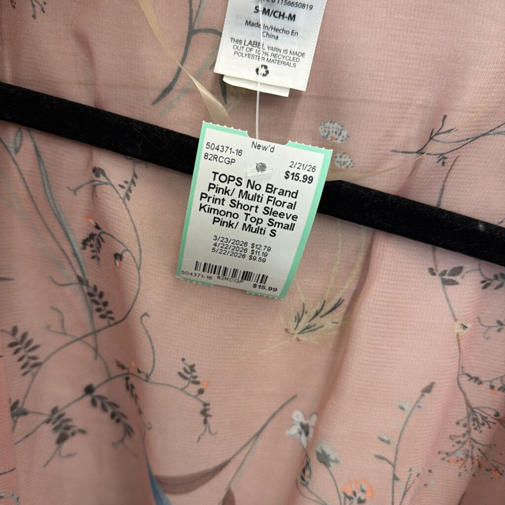 Pink/ Multi Floral Print Short Sleeve Kimono Top Small