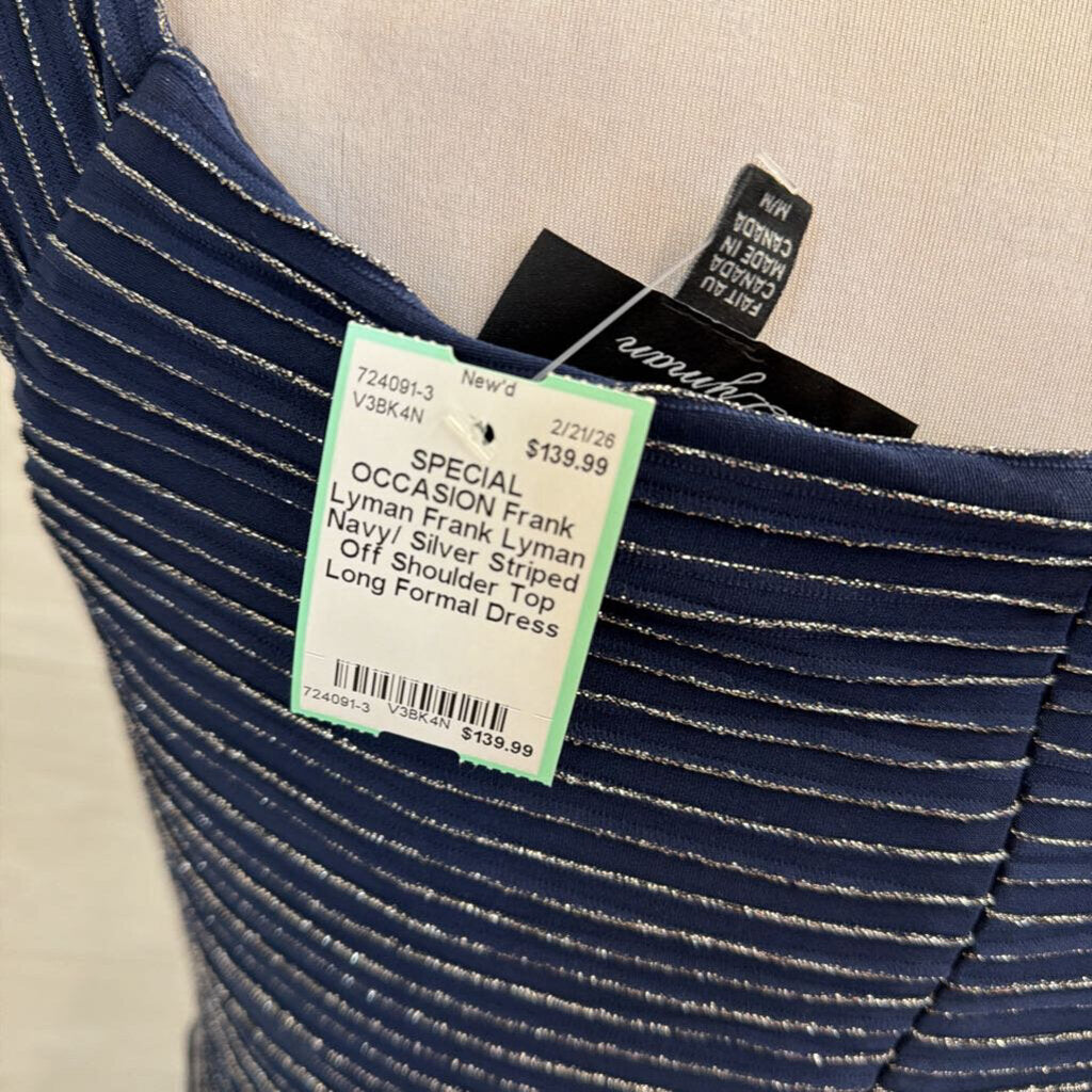 Frank Lyman Navy/ Silver Striped Off Shoulder Top Long Formal Dress Medium