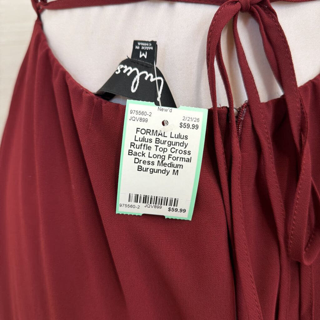Lulus Burgundy Ruffle Top Cross Back Long Formal Dress Medium
