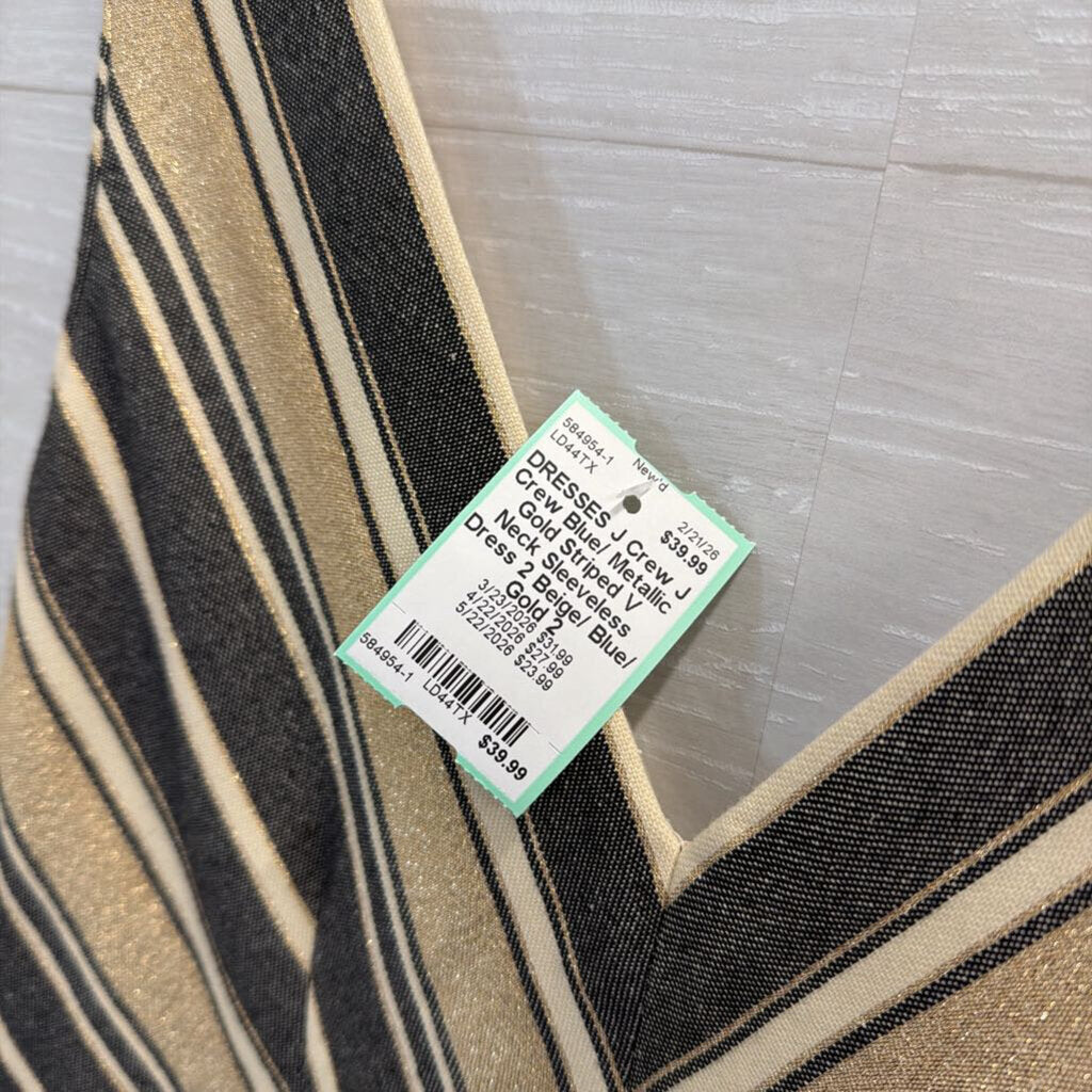 J Crew Blue/ Metallic Gold Striped V Neck Sleeveless Dress 2