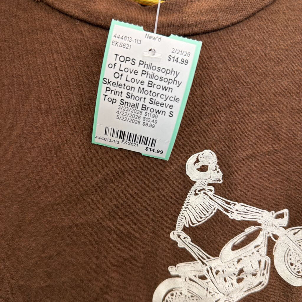 Philosophy Of Love Brown Skeleton Motorcycle Print Short Sleeve Top Small