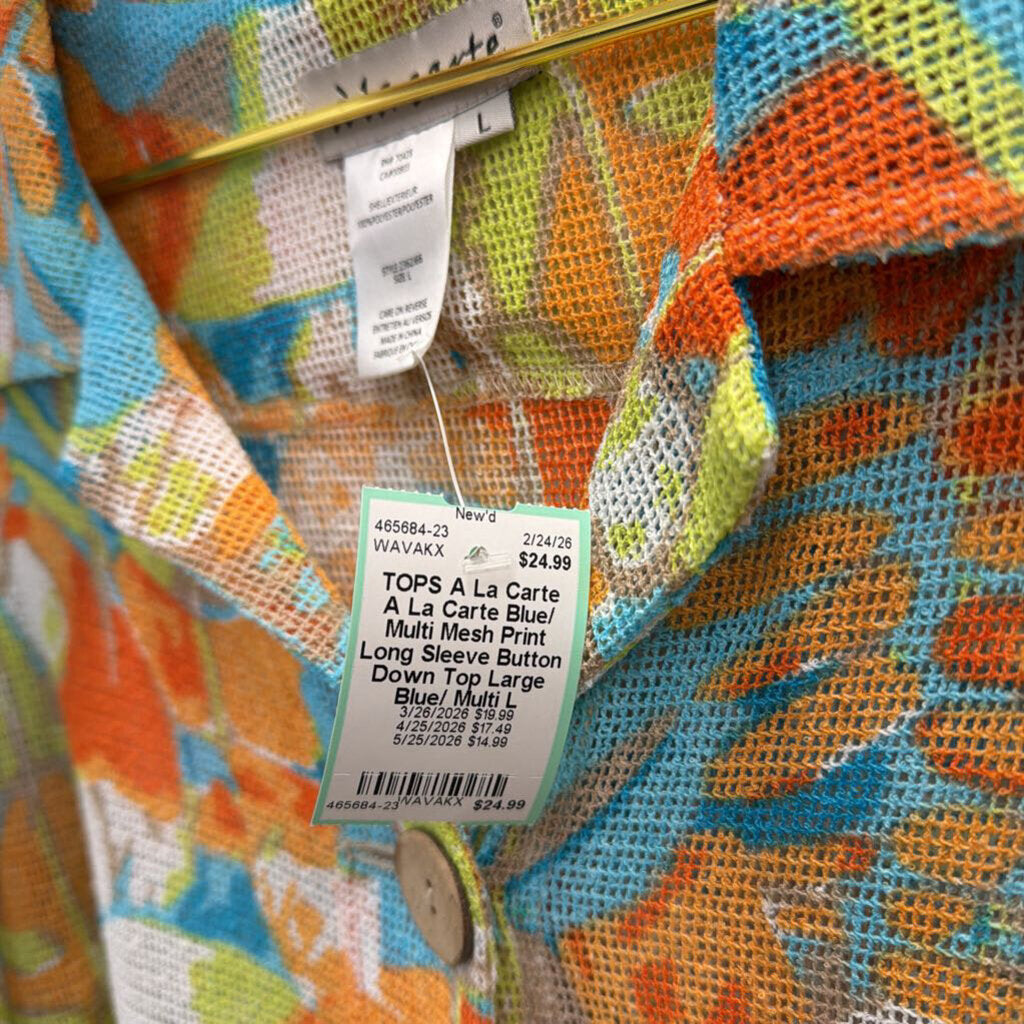 A La Carte Blue/ Multi Mesh Print Long Sleeve Button Down Top Large