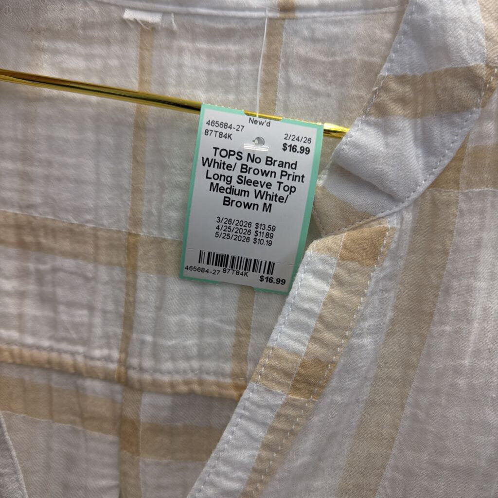 White/ Brown Print Long Sleeve Top Medium