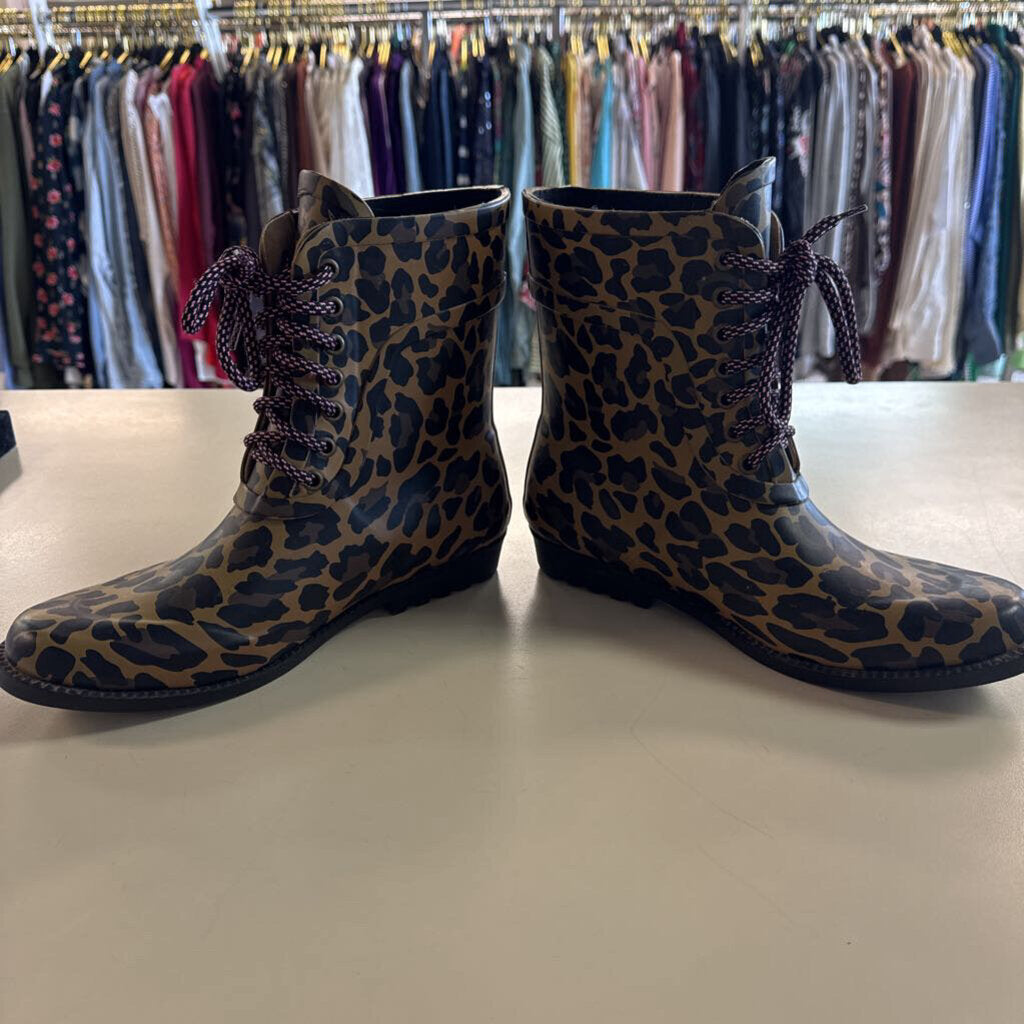 J Crew Brown Leopard Print Lace Up Rain Boots 8