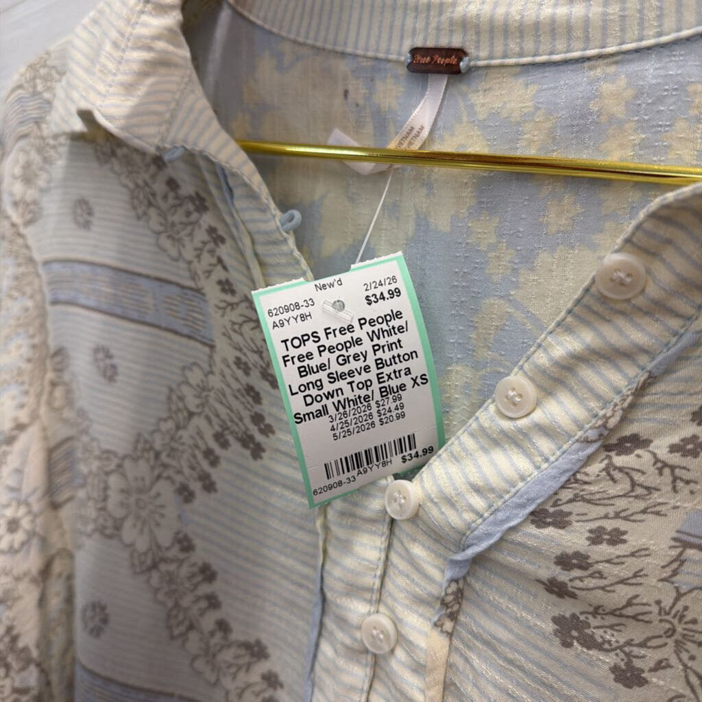 Free People White/ Blue/ Grey Print Long Sleeve Button Down Top Extra Small