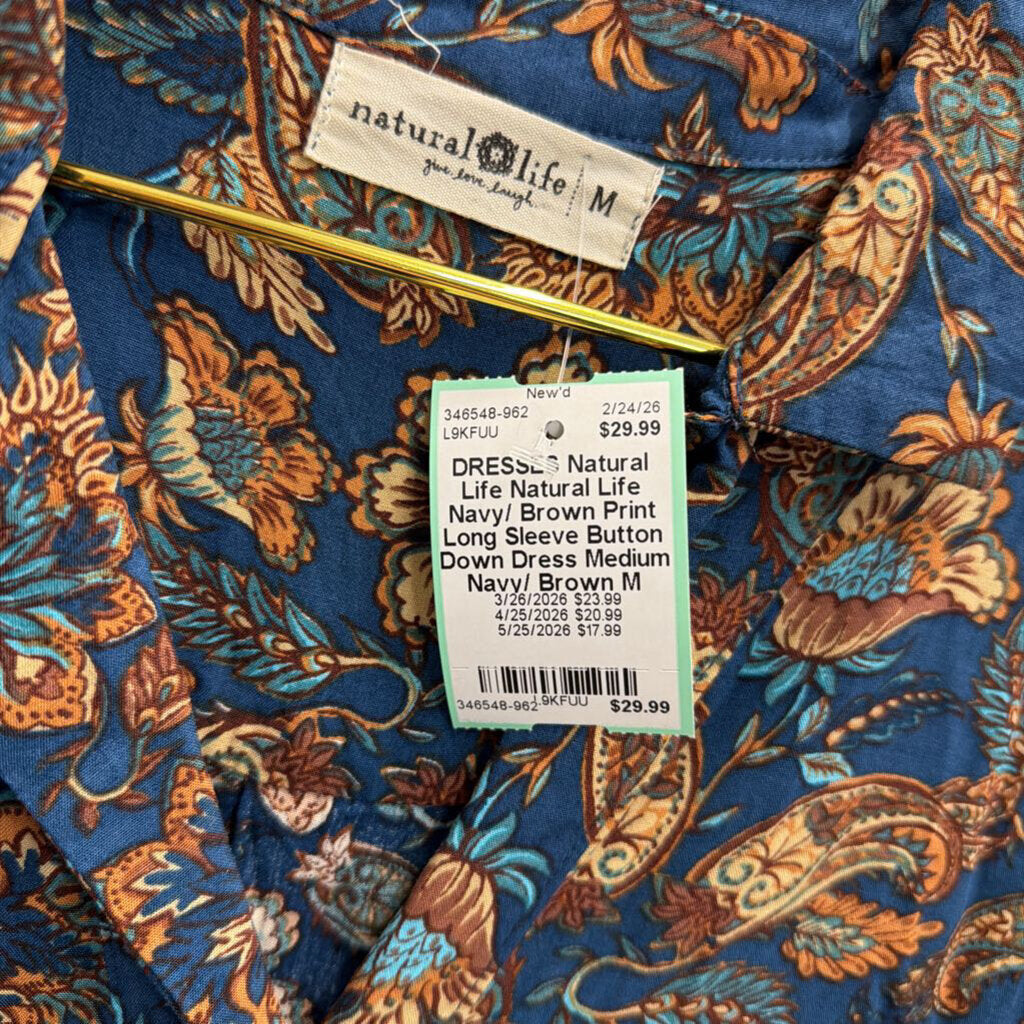 Natural Life Navy/ Brown Print Long Sleeve Button Down Dress Medium