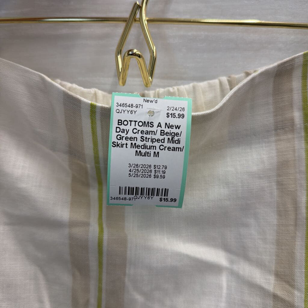 Cream/ Beige/ Green Striped Midi Skirt Medium