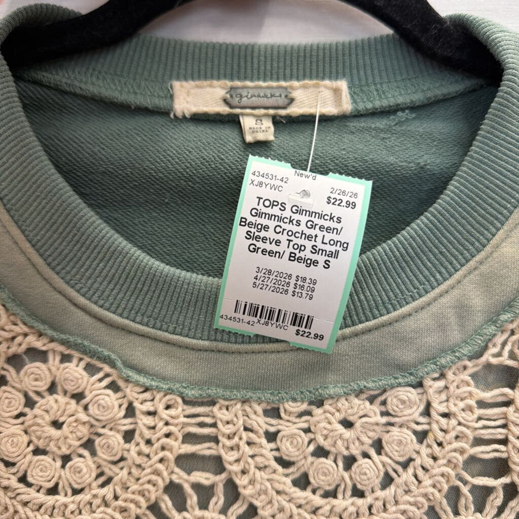 Gimmicks Green/ Beige Crochet Long Sleeve Top Small