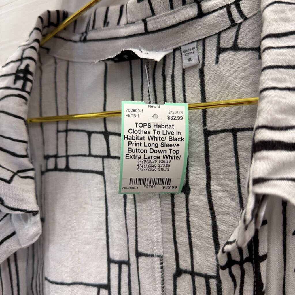 Habitat White/ Black Print Long Sleeve Button Down Top Extra Large