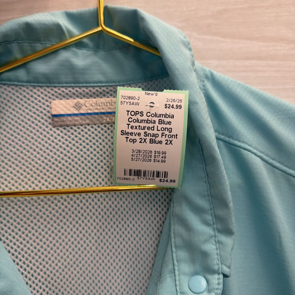 Columbia Blue Textured Long Sleeve Snap Front Top 2X