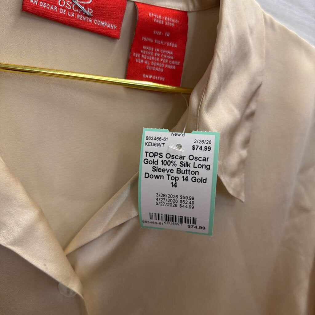 Oscar Gold 100% Silk Long Sleeve Button Down Top 14