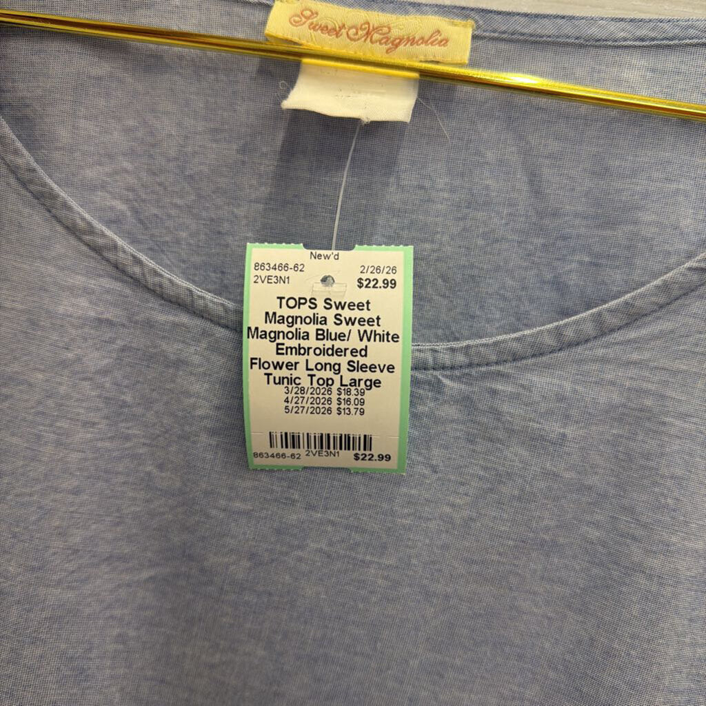 Sweet Magnolia Blue/ White Embroidered Flower Long Sleeve Tunic Top Large