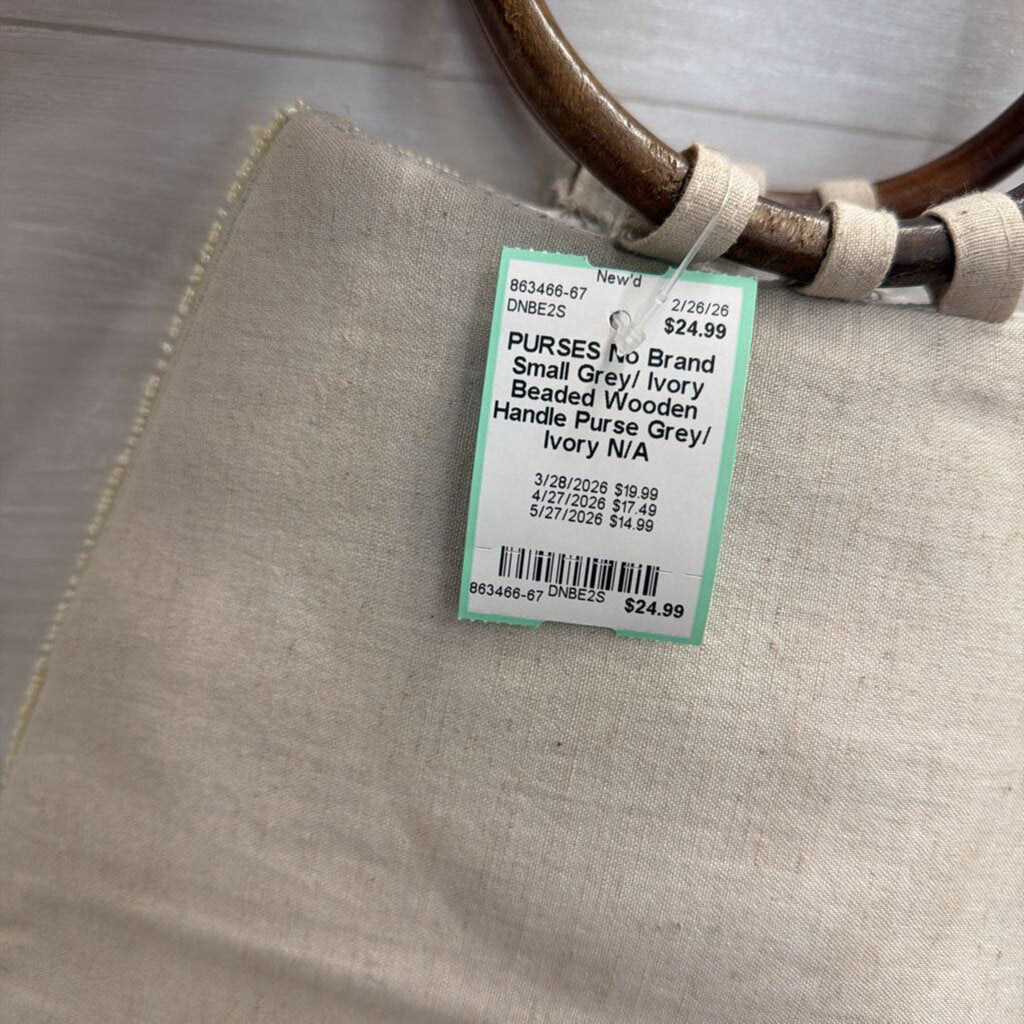Small Grey/ Ivory Beaded Wooden Handle Purse