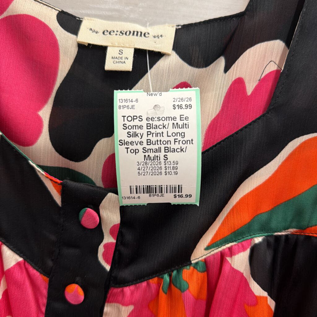 Ee Some Black/ Multi Silky Print Long Sleeve Button Front Top Small