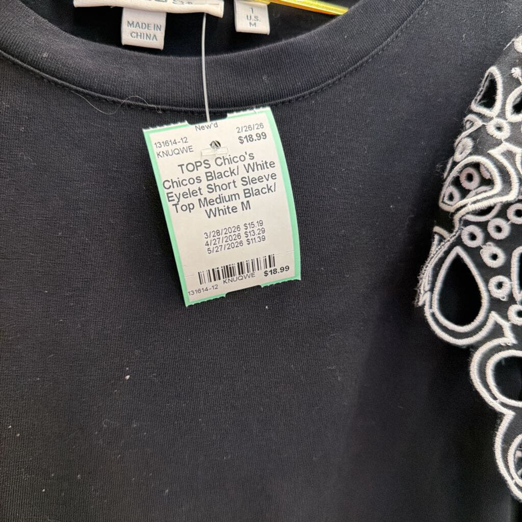 Chicos Black/ White Eyelet Short Sleeve Top Medium