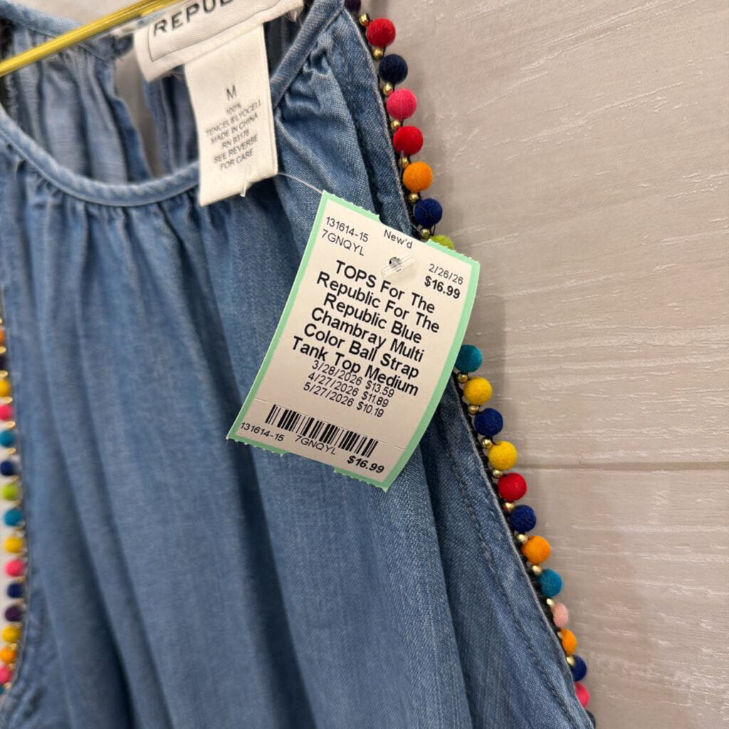 For The Republic Blue Chambray Multi Color Ball Strap Tank Top Medium
