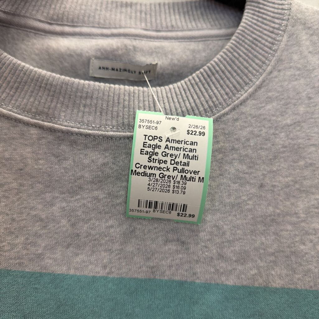 American Eagle Grey/ Multi Stripe Detail Crewneck Pullover Medium
