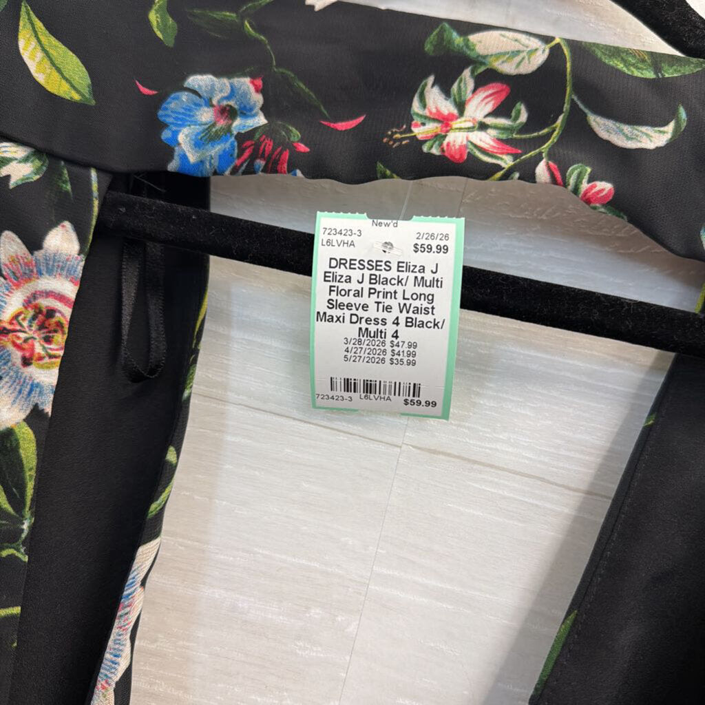 Eliza J Black/ Multi Floral Print Long Sleeve Tie Waist Maxi Dress 4