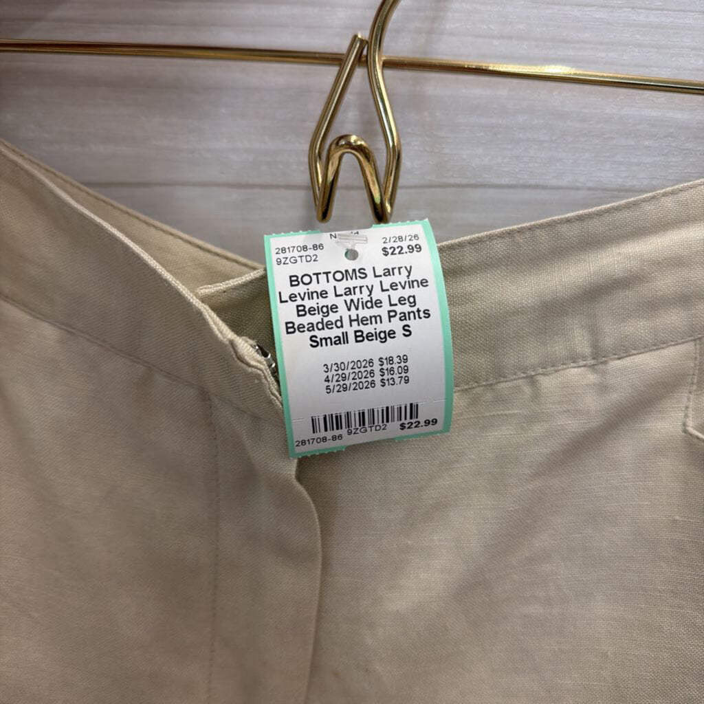 Larry Levine Beige Wide Leg Beaded Hem Pants Small