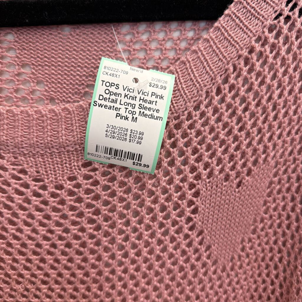 Vici Pink Open Knit Heart Detail Long Sleeve Sweater Top Medium