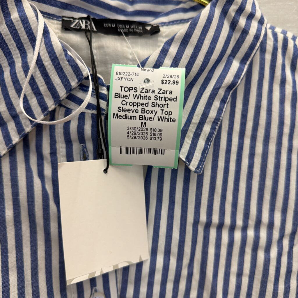 Zara Blue/ White Striped Cropped Short Sleeve Boxy Top Medium