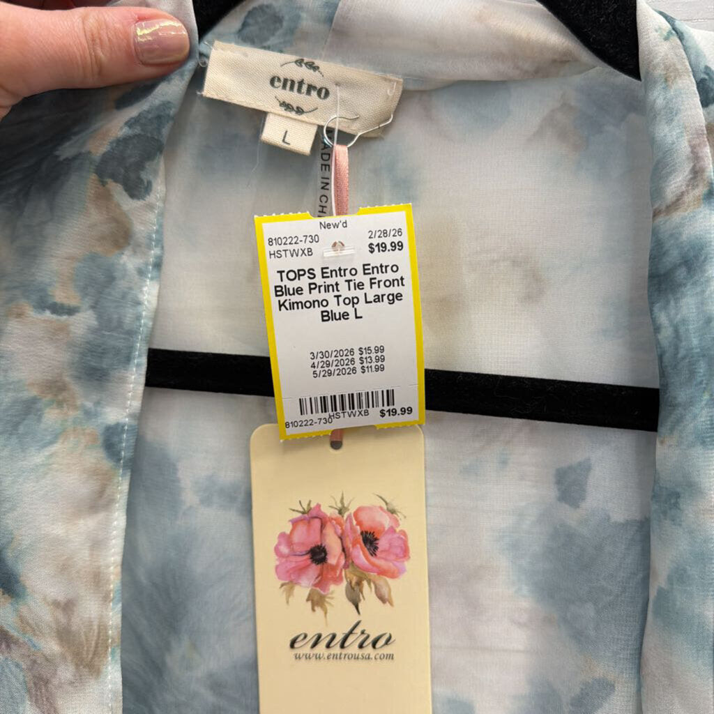 Entro Blue Print Tie Front Kimono Top Large