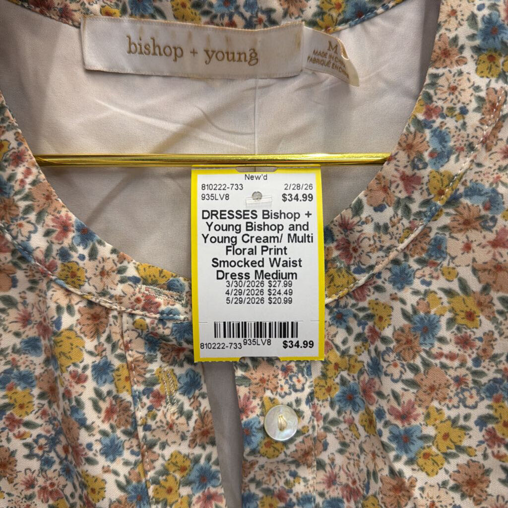Bishop and Young Cream/ Multi Floral Print Smocked Waist Dress Medium
