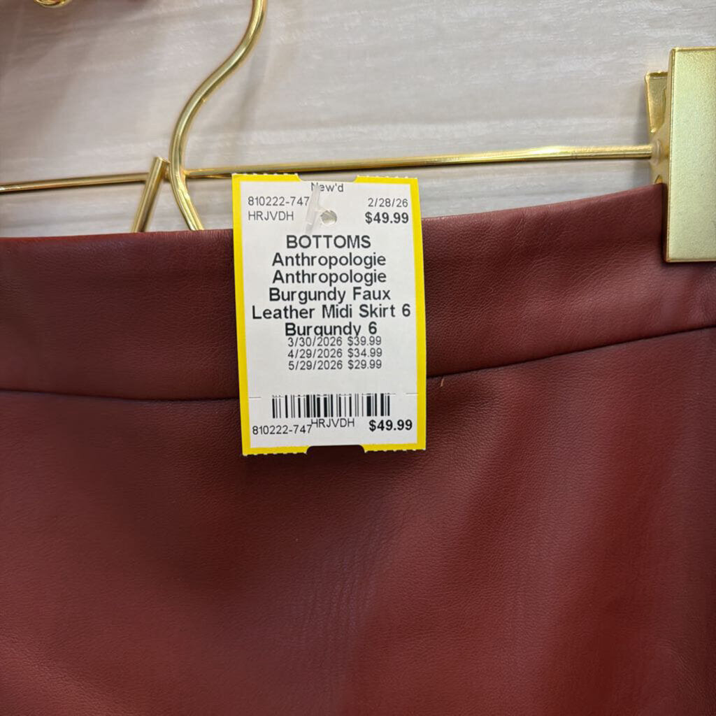 Anthropologie Burgundy Faux Leather Midi Skirt 6