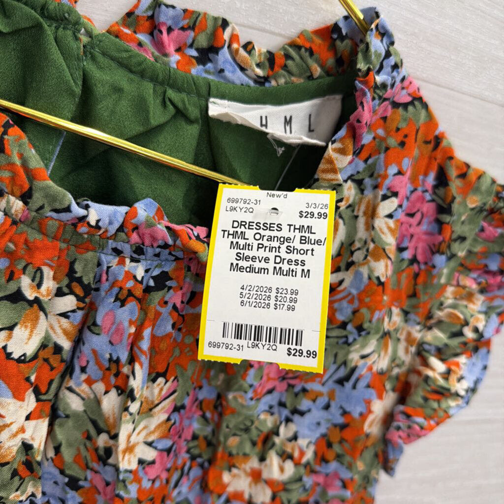 THML Orange/ Blue/ Multi Print Short Sleeve Dress Medium