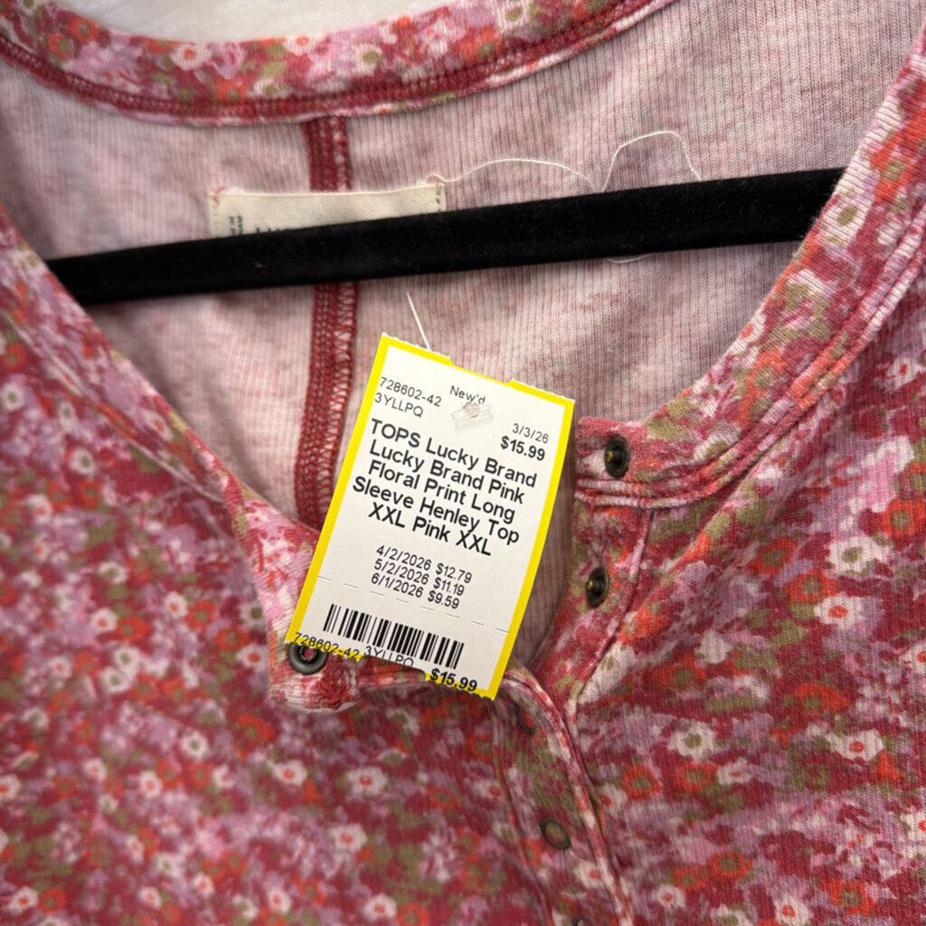 Lucky Brand Pink Floral Print Long Sleeve Henley Top XXL