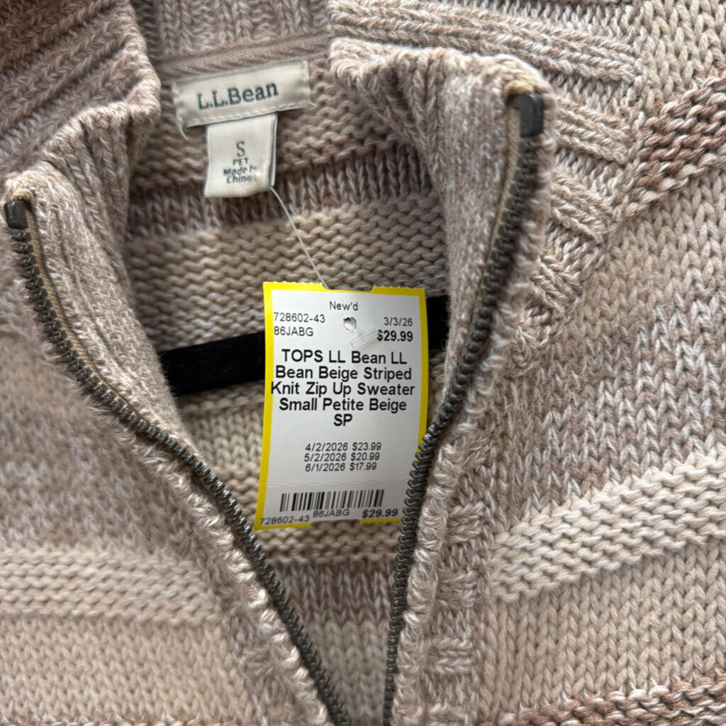 LL Bean Beige Striped Knit Zip Up Sweater Small Petite