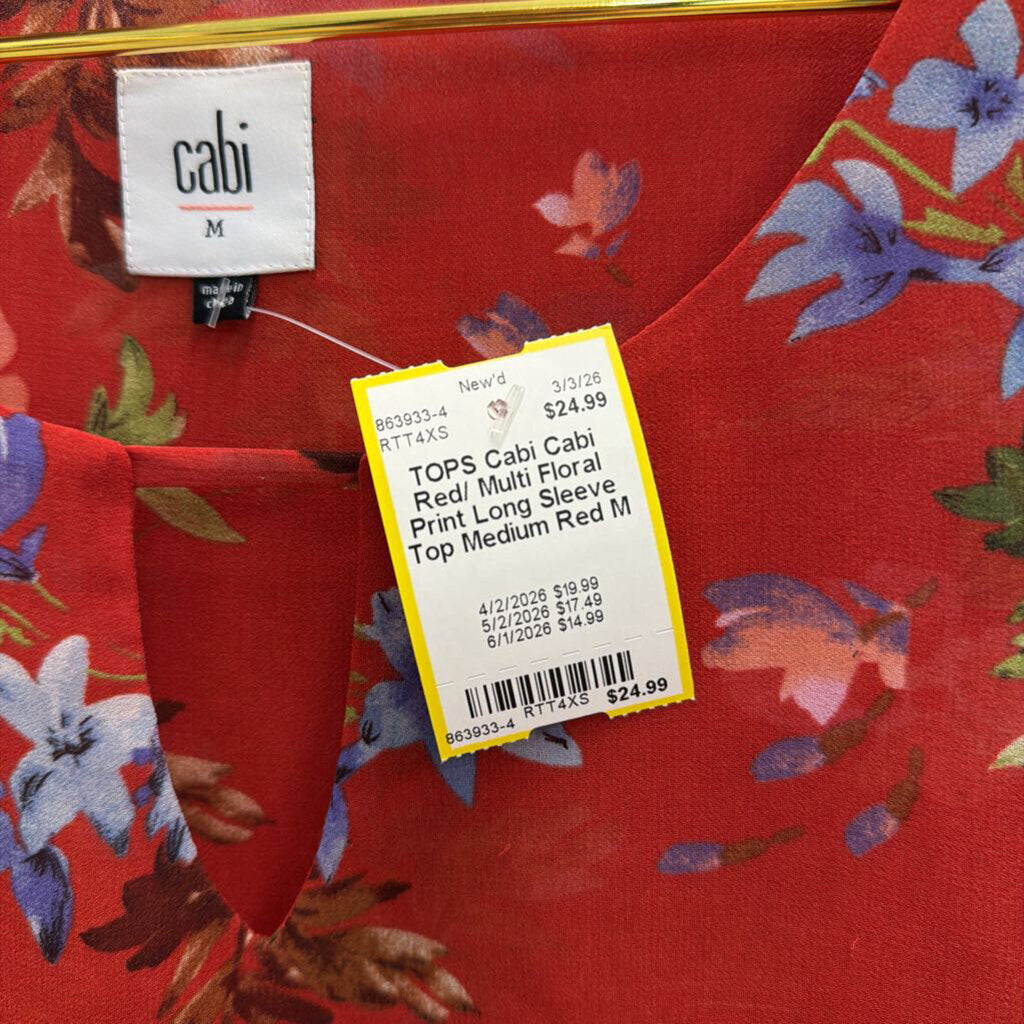 Cabi Red/ Multi Floral Print Long Sleeve Top Medium