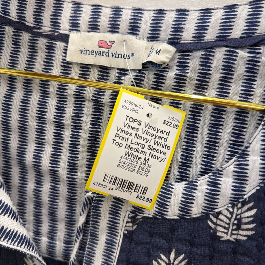 Vineyard Vines Navy/ White Print Long Sleeve Top Medium