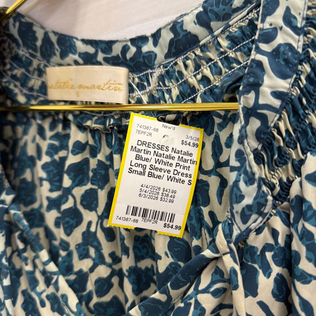 Natalie Martin Blue/ White Print Long Sleeve Dress Small