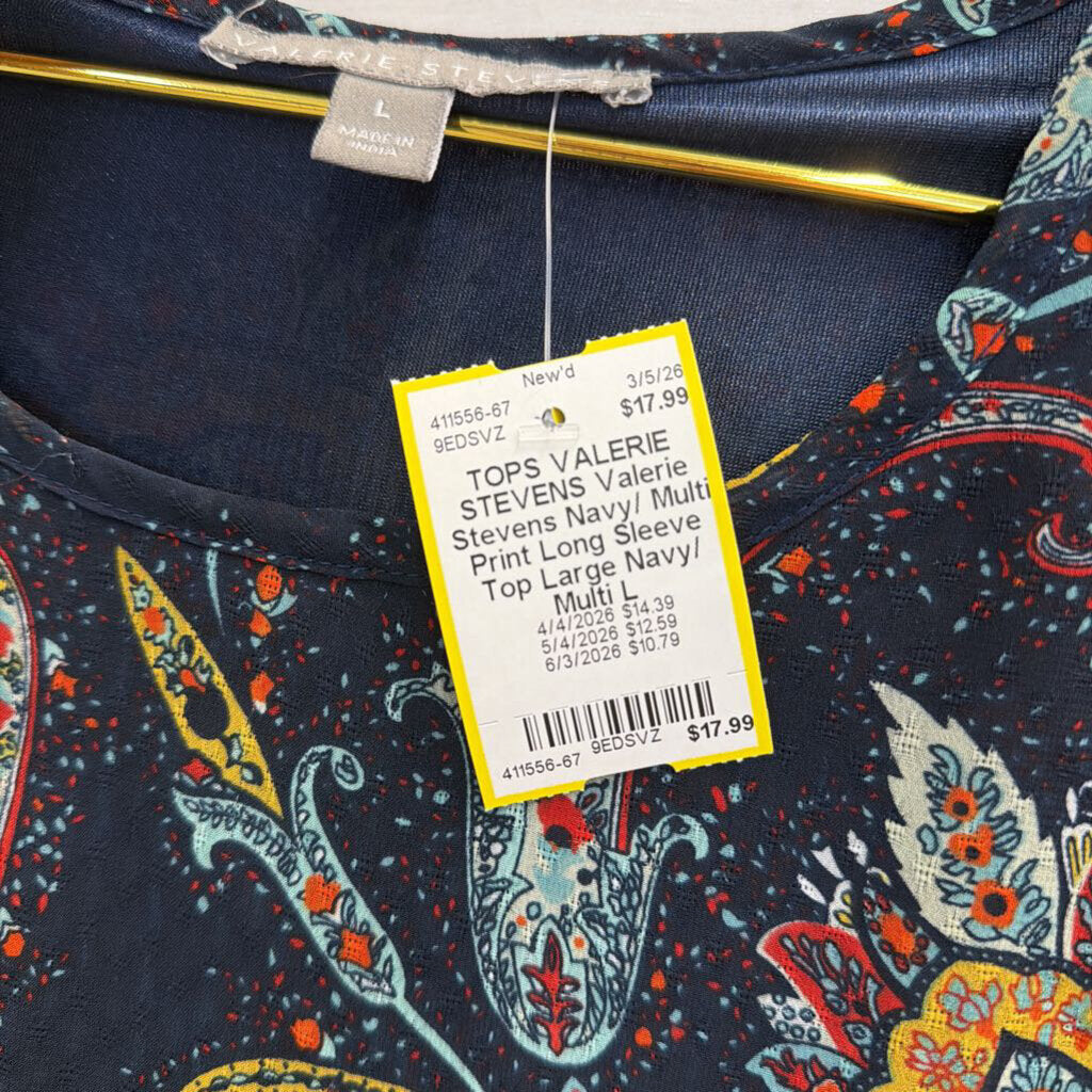 Valerie Stevens Navy/ Multi Print Long Sleeve Top Large