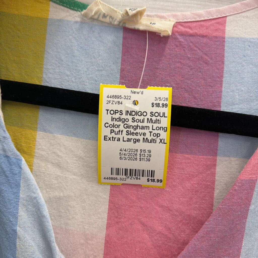 Indigo Soul Multi Color Gingham Long Puff Sleeve Top Extra Large