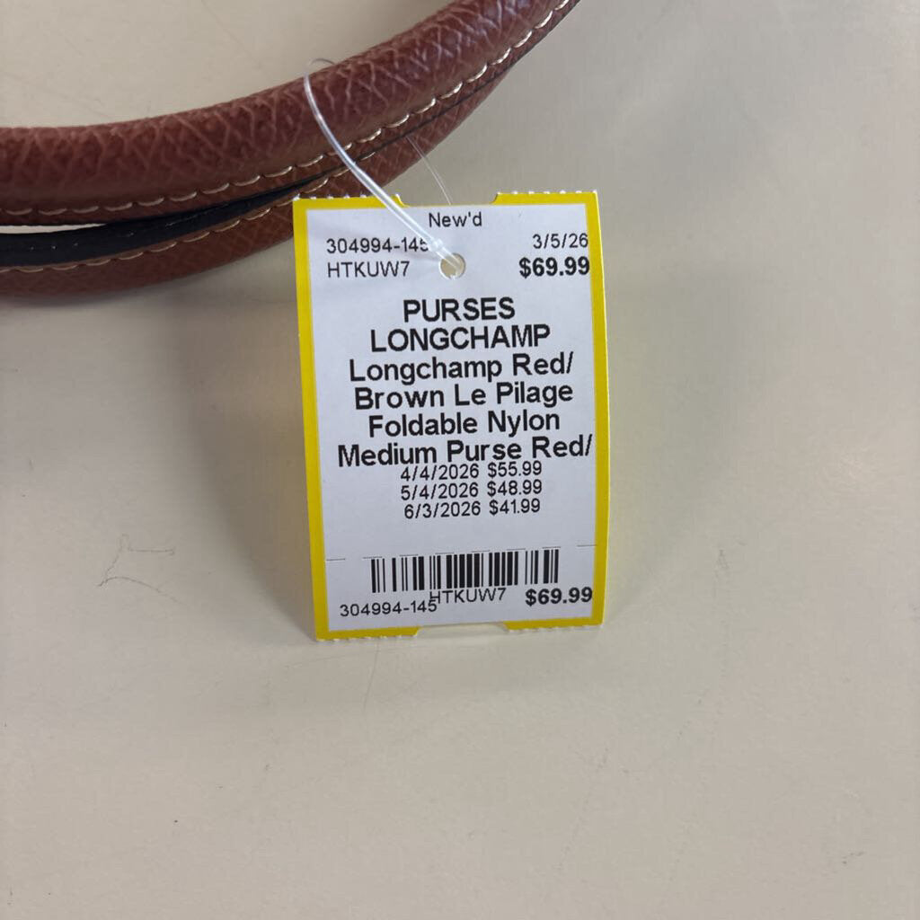 Longchamp Red/ Brown Le Pilage Foldable Nylon Medium Purse