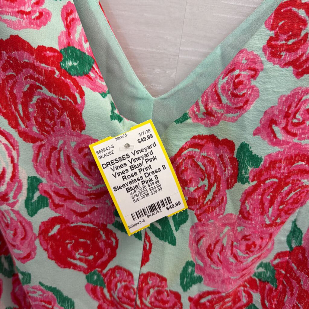 Vineyard Vines Blue/ Pink Rose Print Sleeveless Dress 8