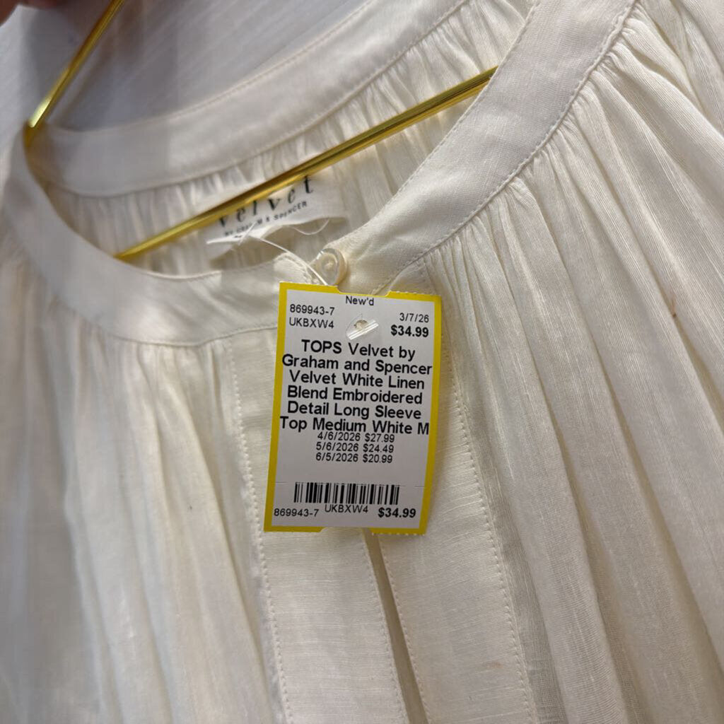 Velvet White Linen Blend Embroidered Detail Long Sleeve Top Medium