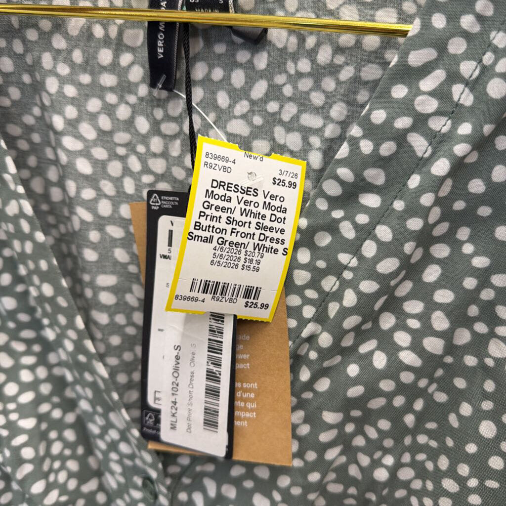 Vero Moda Green/ White Dot Print Short Sleeve Button Front Dress Small