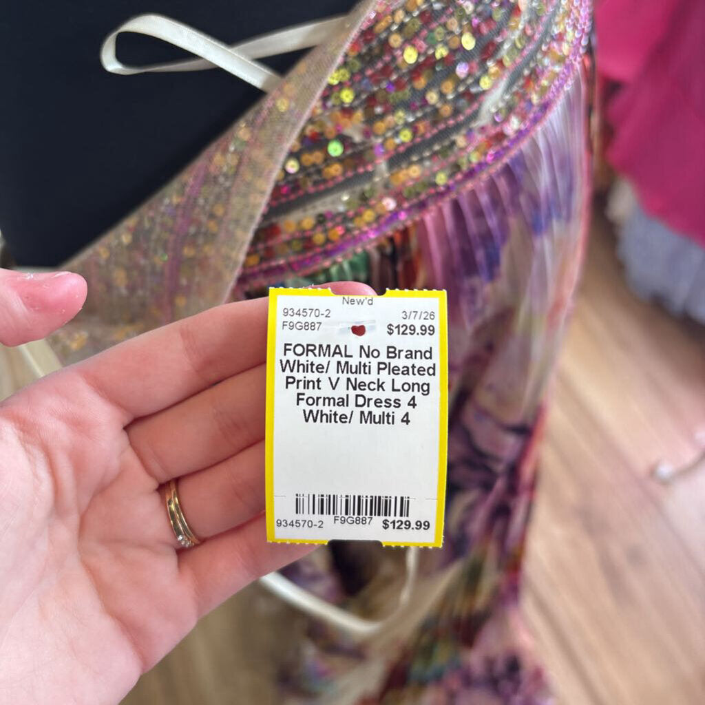 White/ Multi Pleated Print V Neck Long Formal Dress 4