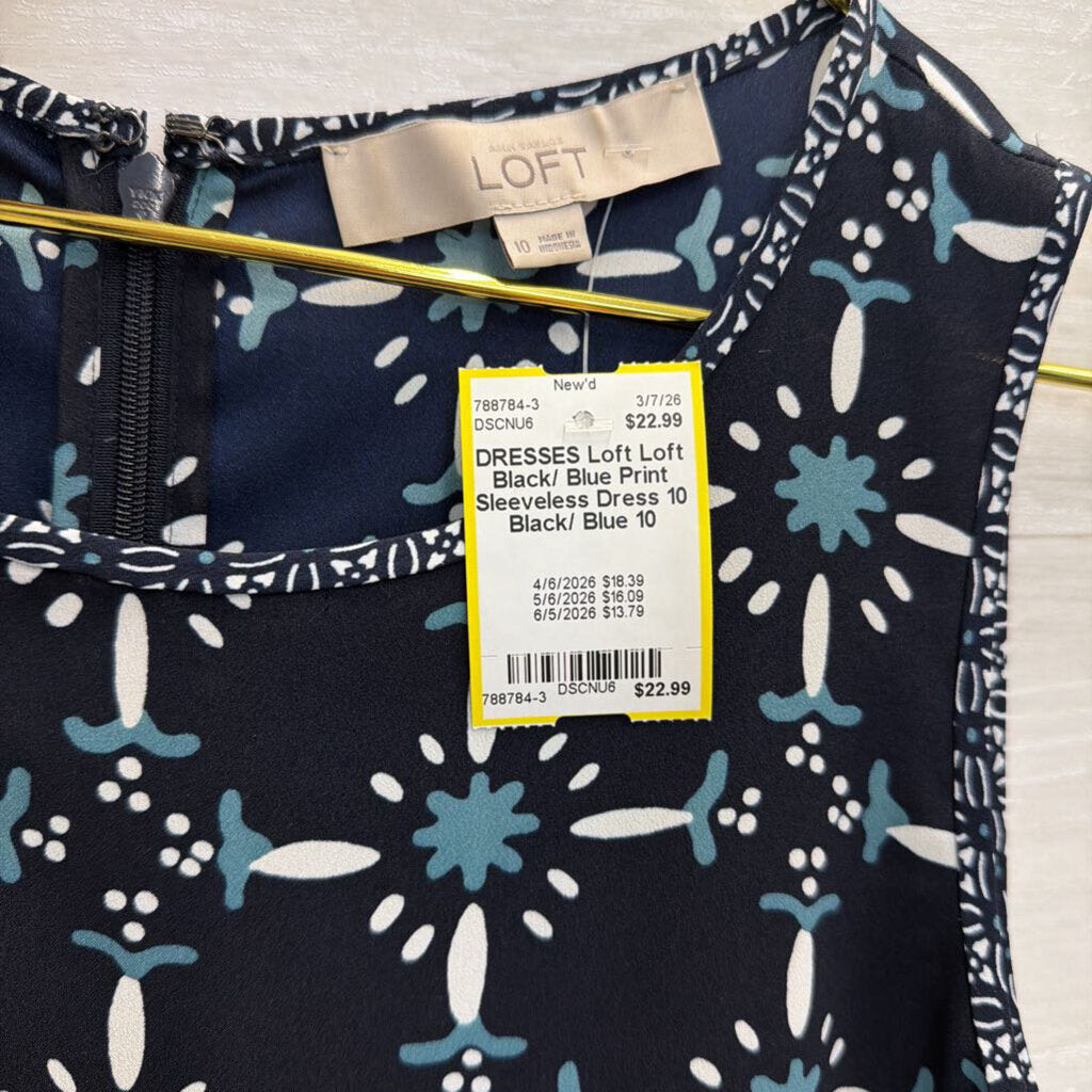 Loft Black/ Blue Print Sleeveless Dress 10