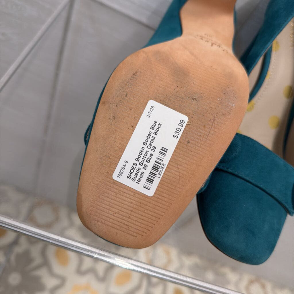 Boden Blue Suede Button Detail Block Heels 39