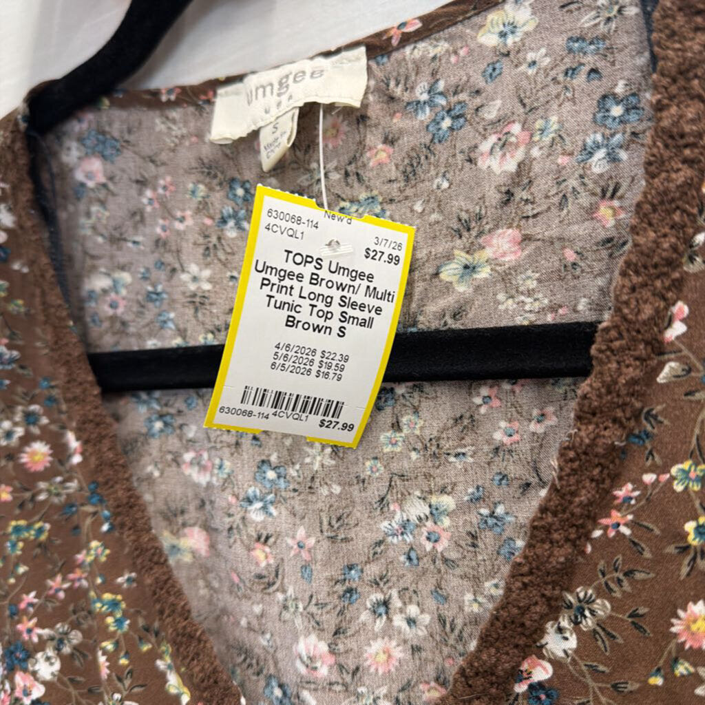 Umgee Brown/ Multi Print Long Sleeve Tunic Top Small