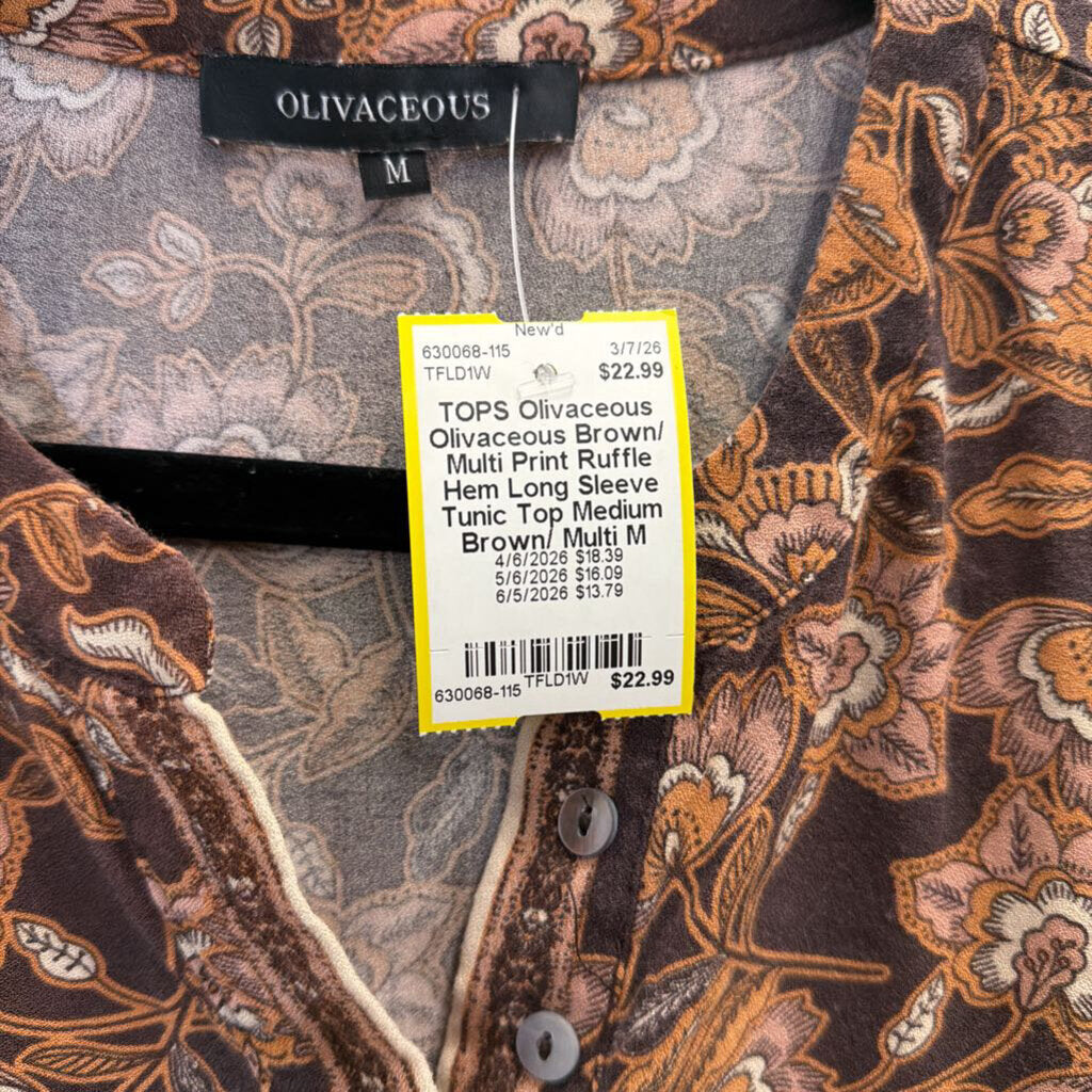 Olivaceous Brown/ Multi Print Ruffle Hem Long Sleeve Tunic Top Medium