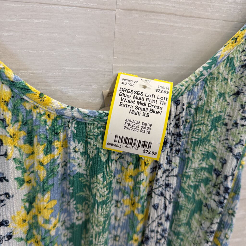 Loft Blue/ Multi Print Tie Waist Midi Dress Extra Small