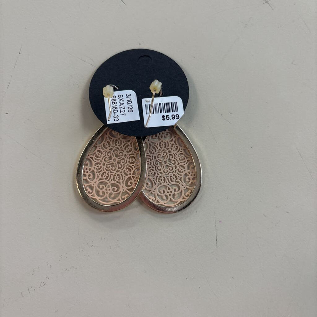 Pink/ Gold Filigree Drop Earrings